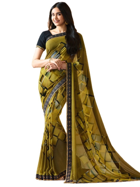 

Zainab chottani Mustard & Green Pure Georgette Block Print Saree