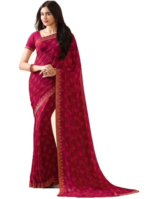 

Zainab chottani Pink & Gold-Toned Zari Pure Georgette Block Print Saree