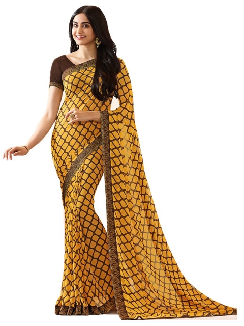 

Zainab chottani Yellow & Brown Checked Pure Georgette Saree
