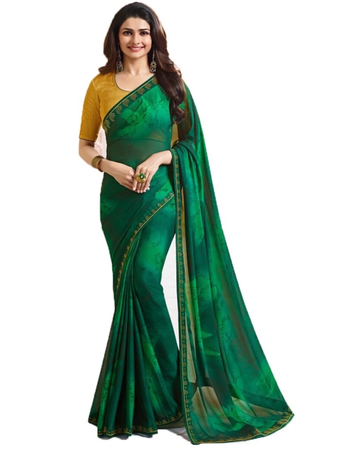 

Zainab chottani Green & Gold-Toned Pure Silk Block Print Saree