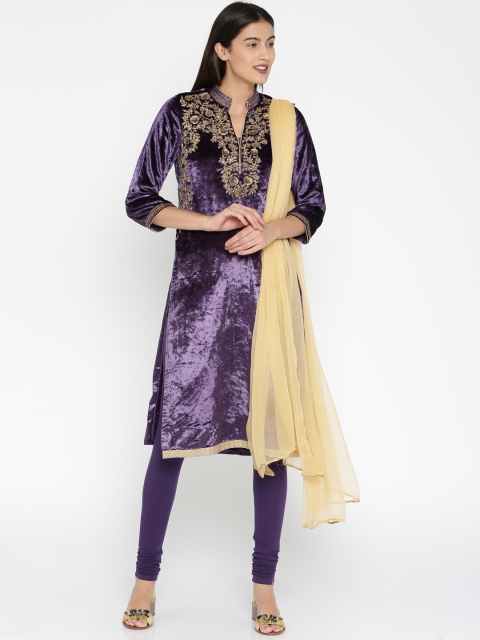 

Biba Women Purple Self Design Kurta with Churidar & Dupatta