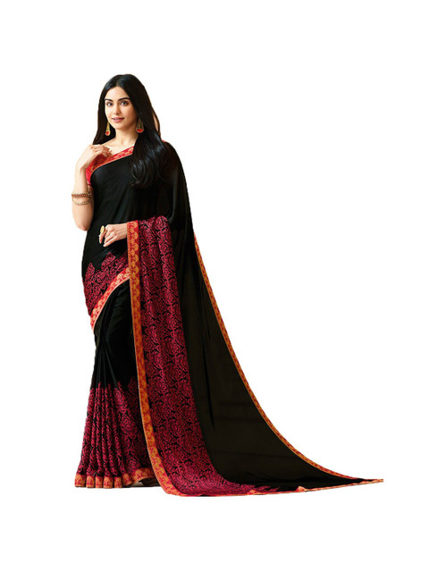 

Zainab chottani Black & Pink Floral Pure Georgette Block Print Saree