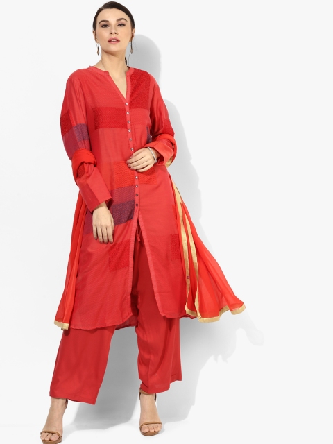 

Biba Women Red & Colourblocked Kurta with Trousers & Dupatta
