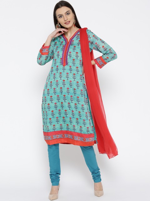 

Biba Women Red & Turquoise Blue Printed Kurta with Churidar & Dupatta