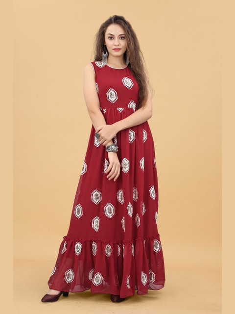 

APNISHA Red Floral Georgette Maxi Dress