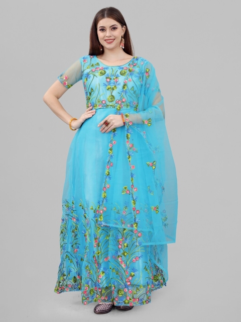 

APNISHA Blue Floral Embroidered Net Maxi Semi-Stitched Ethnic Gown with Dupatta