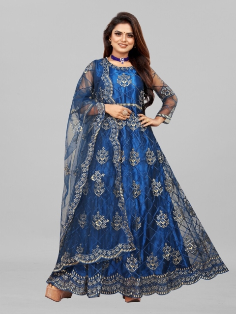 

APNISHA Blue Ethnic Motifs Embroidered Net Maxi Semi-Stitched Ethnic Gown with Dupatta