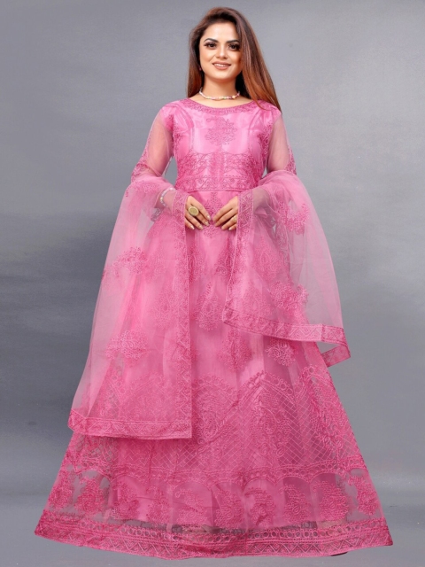 

APNISHA Peach-Coloured Embellished Net Maxi Semi-Stitched Ethnic Gown with Dupatta