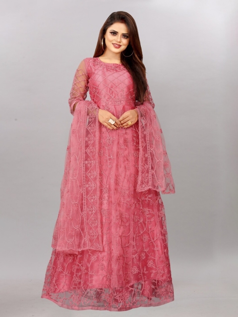 

APNISHA Peach-Coloured Net Maxi Embroidered Semi-Stitched Ethnic Dress
