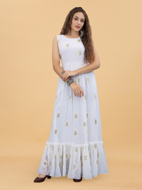 

APNISHA White Floral Georgette Maxi Dress