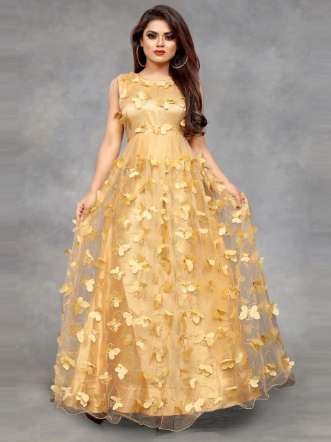 

APNISHA Beige Floral Embroidered Semi-Stitched Net Maxi Dress