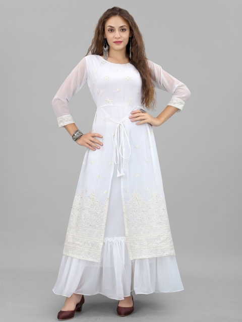 

APNISHA White Floral Embroidered Layered Georgette Maxi Dress