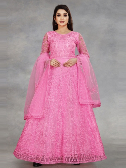 

APNISHA Pink Floral Embroidered Net Maxi Dress With Dupatta