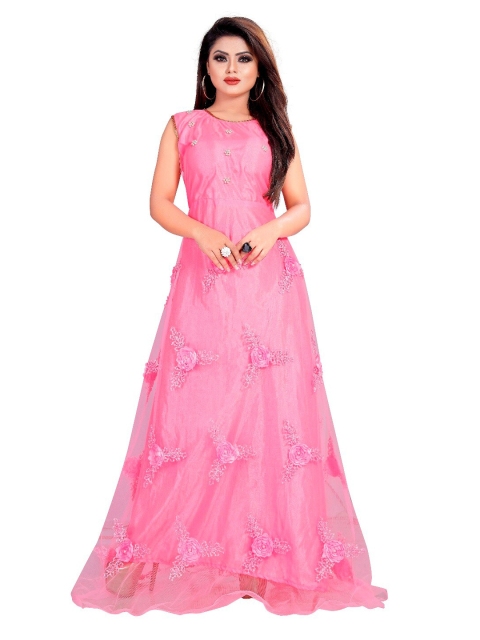 

APNISHA Pink Floral Net Maxi Dress