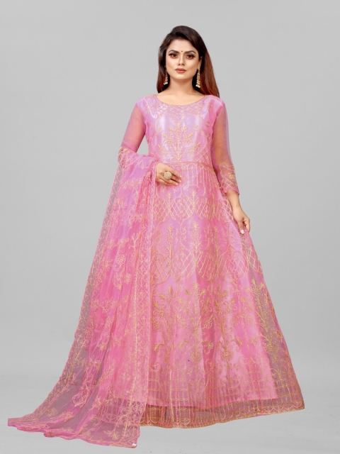 

APNISHA Peach-Coloured Floral Embroidered Net Maxi Dress With Dupatta