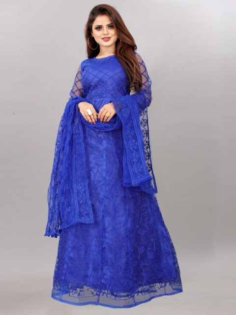 

APNISHA Blue Floral Embroidered Net Maxi Dress