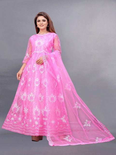 

APNISHA Pink Floral Embroidered Net Maxi Dress