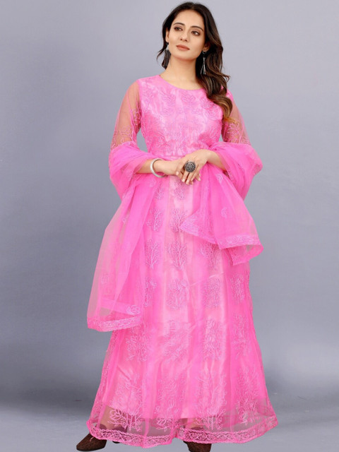 

APNISHA Pink Embroidered Semi-Stitched Net Maxi Dress