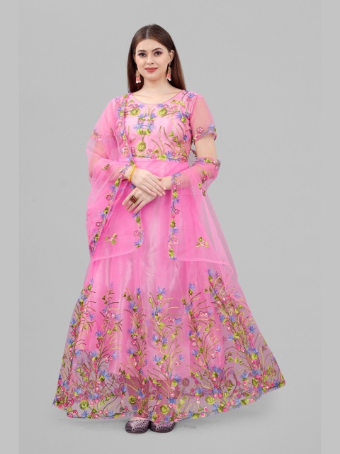 

APNISHA Pink Floral Net Maxi Dress