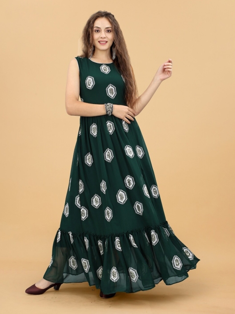 

APNISHA Green & White Floral Georgette Maxi Dress