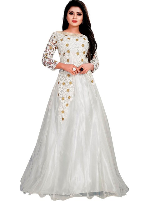 

APNISHA White Floral Net Maxi Dress