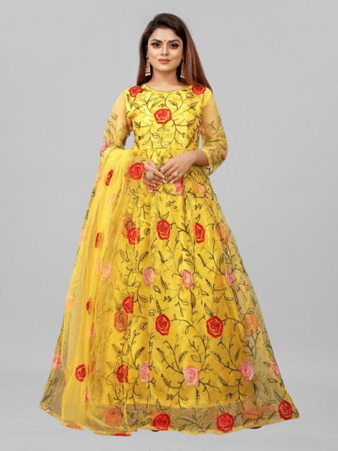 

APNISHA Yellow Floral Net Maxi Dress