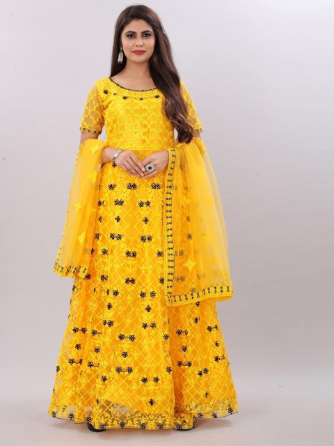 

APNISHA Yellow Floral Net Maxi Dress