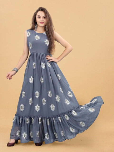 

APNISHA Grey Ethnic Motifs Georgette Maxi Dress