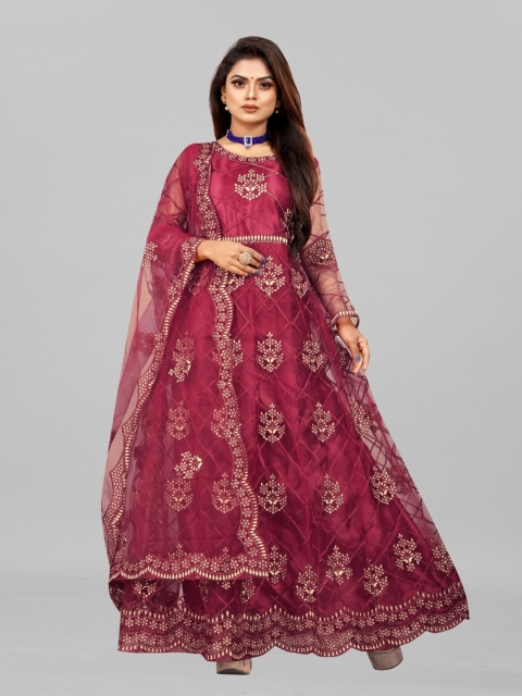 

APNISHA Maroon Ethnic Motifs Net Maxi Dress