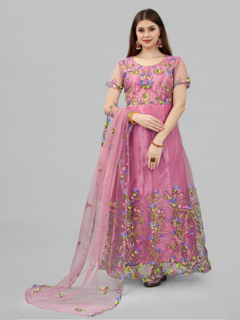 

APNISHA Peach-Coloured Floral Net Maxi Dress