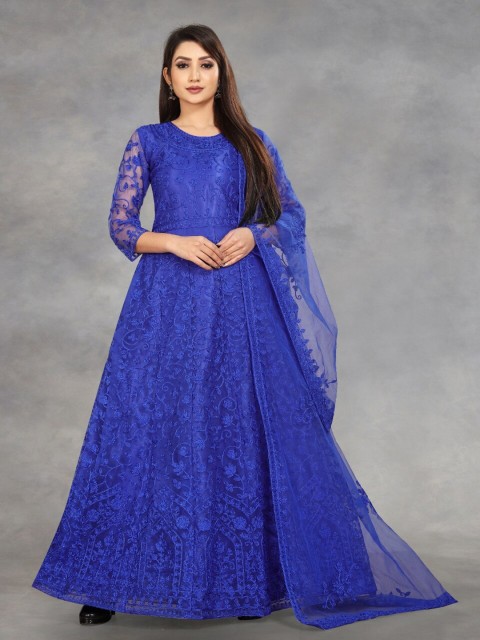 

APNISHA Women Blue Embroidered Net Maxi Dress