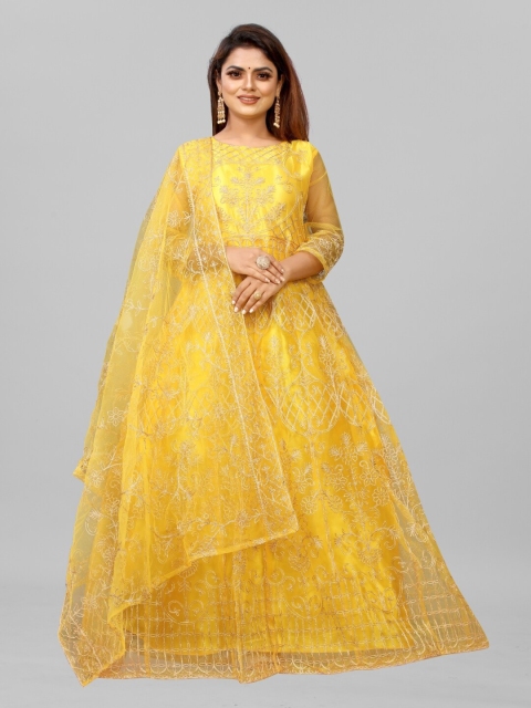 

APNISHA Women Yellow Floral Net Maxi Dress