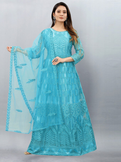 

APNISHA Blue Embellished Net Maxi Semi-Stitched Dress