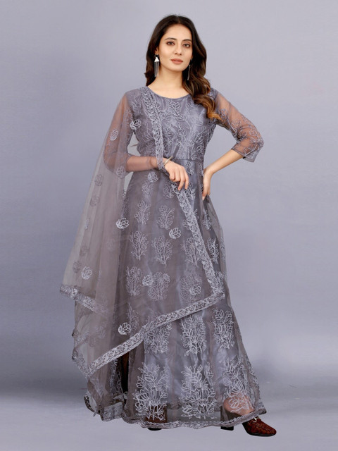 

APNISHA Women Grey Floral Net Maxi Dress