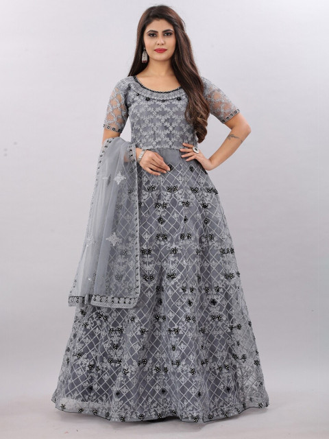 

APNISHA Grey Floral Net Maxi Dress