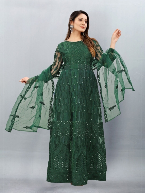 

APNISHA Green Net Embroidered Semi-Stitched Gown