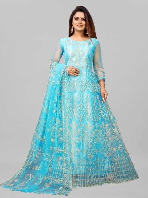

APNISHA Blue Floral Embroidered Net Semi-Stitched Gown