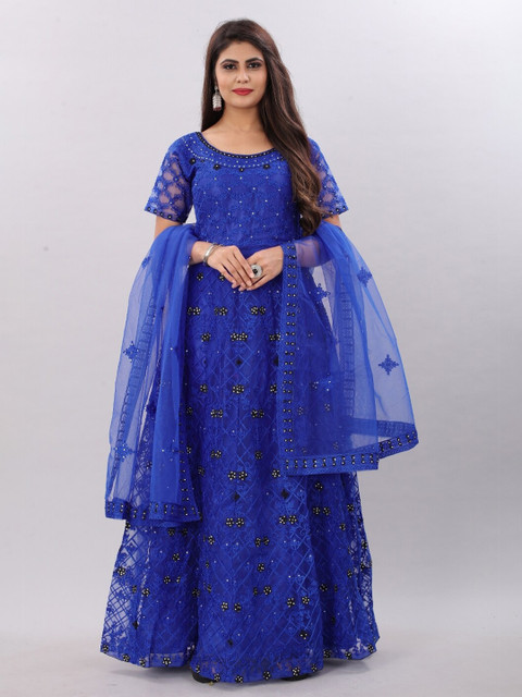 

APNISHA Blue Embellished Net Embroidered Semi-Stitched Gown