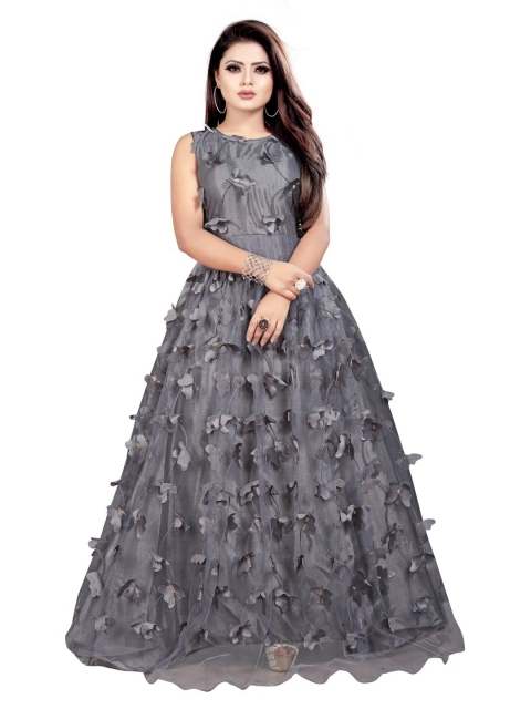 

APNISHA Grey Butterfly Embroidered Net Maxi Semi Stitched Dress