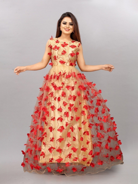 

APNISHA Beige Butterfly Embroidered Semi Stitched Net Maxi Dress