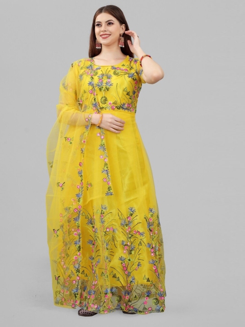 

APNISHA Yellow Floral Semi Stitched Net Maxi Dress