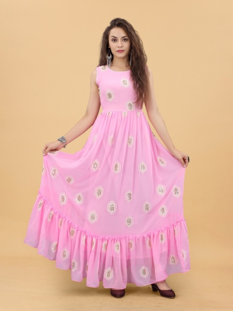 

APNISHA Pink Floral Georgette Semi Stitched Maxi Dress