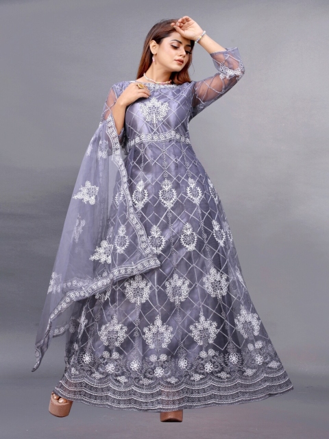 

APNISHA Women Grey Ethnic Motifs Embroidered Net Maxi Dress