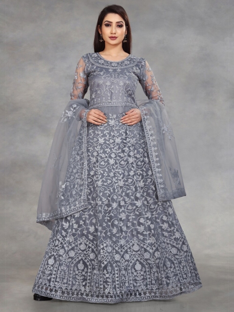 

APNISHA Women Grey Floral Net Maxi Dress