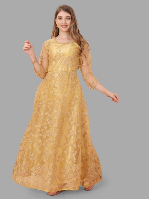 

APNISHA Beige Floral Net Maxi Dress
