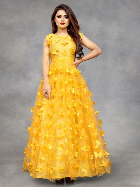 

APNISHA Women Yellow Floral Net Maxi Semi-Stitched Dress