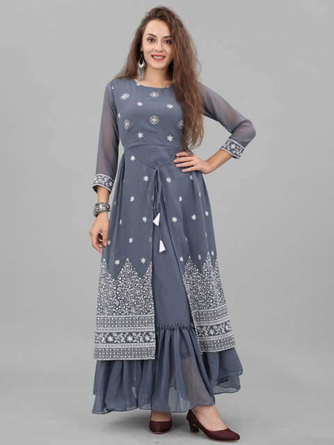 

APNISHA Women Grey Ethnic Motifs Embroidered Layered Georgette Maxi Dress