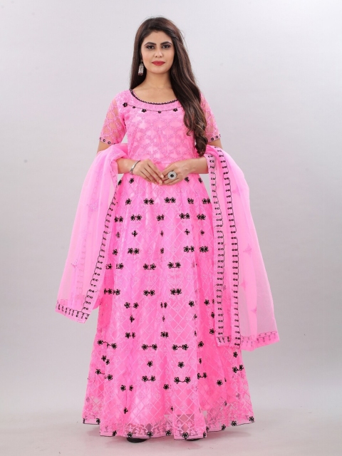 

APNISHA Women Pink Ethnic Net Embroidered Semi-Stitched Maxi Dress with Dupataa