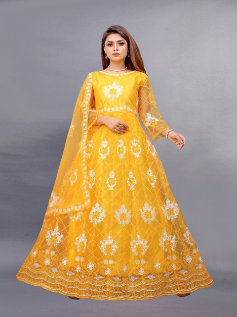 

APNISHA Women Yellow Floral Net Embroidered Semi-Stitched Maxi Dress With Dupatta