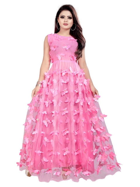 

APNISHA Women Pink Floral Net Maxi Semi-Stitched Dress